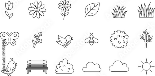 Collection of simple line art icons representing nature and park elements for design