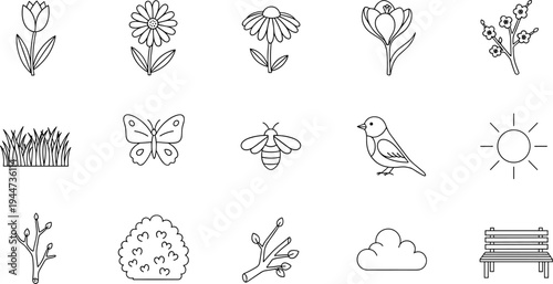 Collection of simple line art icons representing spring nature elements and outdoor scenes