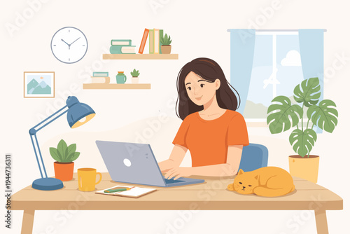 Flat vector illustration of a young woman working remotely on a laptop at a cozy desk with a sleeping cat, desk lamp, coffee mug, and monstera plant in a bright, modern home office interior.