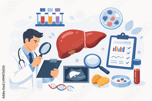 Liver Disease and Pathology Lab Exam Concept Vector Illustration of a Male Doctor Reviewing Medical Test Results, Hepatology Diagnosis, Liver Health Checkup, and Clinical Research Background.