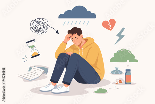 Depressed Young Man Sitting and Coping with Mental Health Problems, Stress, and Anxiety. Flat Vector Illustration of Overwhelmed Person with Symbols of Burnout, Heartbreak, Pressure, and Sadness.