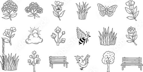 Collection of hand-drawn nature elements including flowers, grass, insects, and park benches
