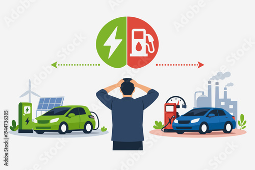 Man making a difficult choice between electric and gasoline cars vector illustration. Comparison of eco-friendly green energy vehicle with charging station versus traditional fuel car and gas pump.
