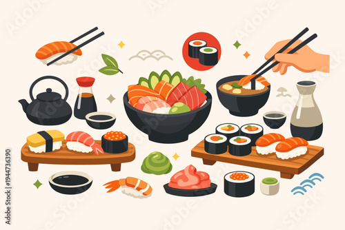 Flat Vector Illustration of Japanese Cuisine Elements Featuring Sushi, Sashimi, Nigiri, Maki Rolls, Miso Soup, Wasabi, and Ginger. Perfect for Restaurant Menus, Food Blogs, and Culinary Branding.