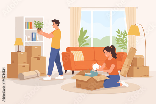 Happy young couple relocating to a new apartment and unpacking cardboard boxes in a cozy living room with a sofa and bookshelf. Man placing a plant and woman unpacking kitchenware. Flat vector.