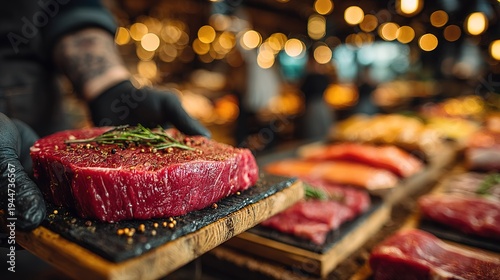 Professional butcher presenting raw premium beef steak