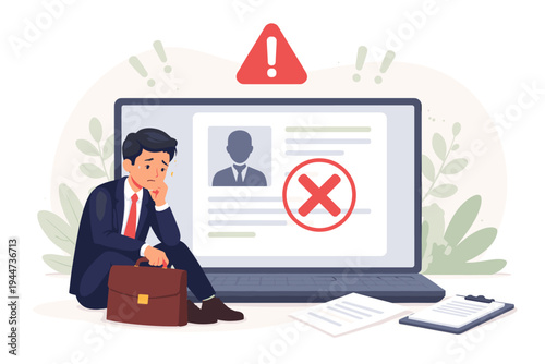 Sad Businessman Sitting on Floor Next to Laptop with Red X Mark on Screen Showing Rejected Online Job Application Profile, Disappointed Professional Facing Unemployment and Career Failure.
