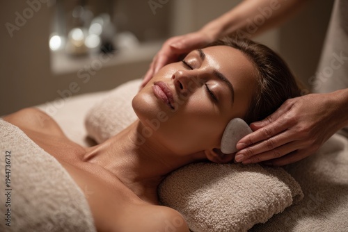 Relaxing skincare session using gua sha tool on the face in a stylish salon
