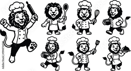 Mascot vector lion chef set with multiple poses holding spoon whisk spatula bowl rolling pin plate close up smiling playful