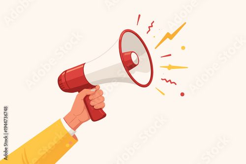 Vector illustration of a hand holding a red and white megaphone making a loud announcement. Simple flat design for marketing, promotion, news alerts, social media, and advertising concepts.