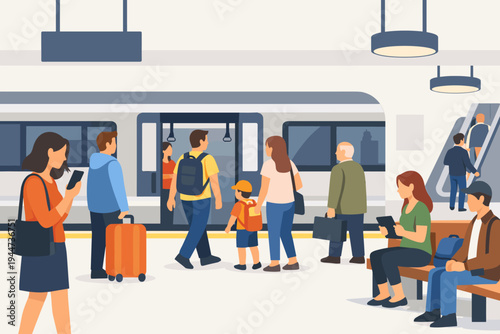 Modern flat vector illustration of a busy subway station platform with diverse people commuting, boarding a train, waiting on benches, using smartphones, and traveling with luggage in the city.