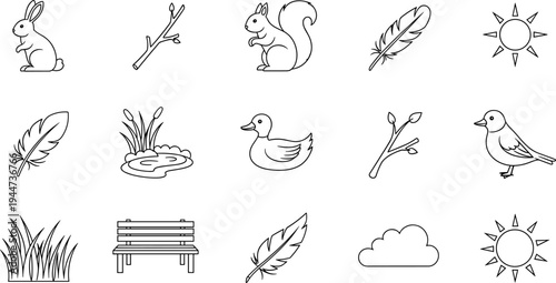Collection of simple line art icons representing nature and wildlife elements