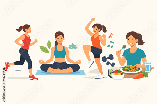 Vector Illustration of a Young Woman Maintaining a Healthy Lifestyle through Regular Exercise, Running, Yoga Meditation, Aerobic Workout, and Eating a Balanced Nutritious Diet with Fresh Food.