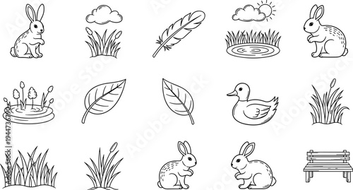 Collection of hand-drawn nature icons featuring rabbits, ducks, plants, and park elements