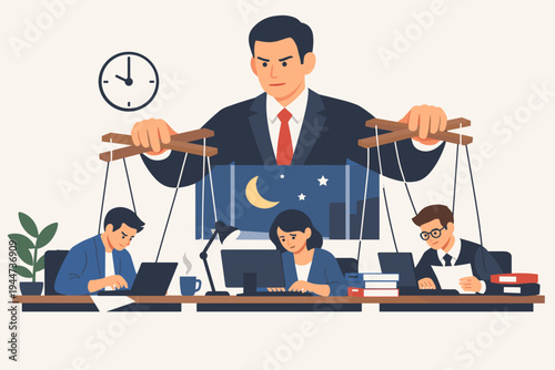 Boss as a puppet master controlling exhausted office workers working late at night. Concept of micromanagement, toxic workplace, employee exploitation, and overtime stress in flat vector style.