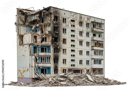 Destroyed apartment building after war combat ruins with debris and broken windows rubble city destruction aftermath aftermath urban decay