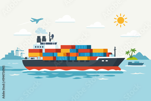Flat vector illustration of an industrial marine vessel shipping worldwide cargo. Large container ship loaded with colorful freight boxes on the ocean with a port, airplane, and sun in the sky.