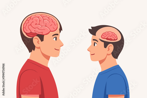 Flat vector illustration of two men looking at each other with visible brains of different sizes, representing intelligence levels, cognitive capacity, mental growth, and brain development.
