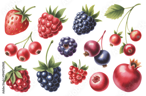 Botanical berry fruit assortment with strawberry raspberry blackberry and red currant watercolor.