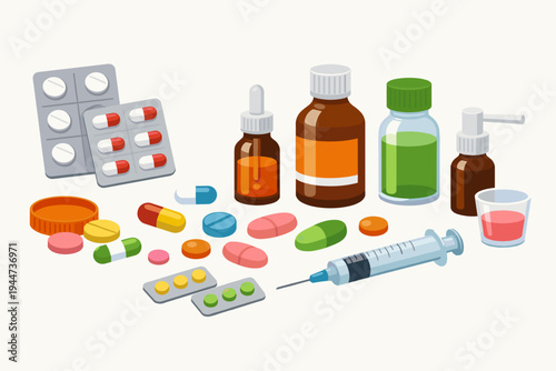 Vector Illustration of Various Medical Supplies Including Pills, Capsules, Blister Packs, Glass Bottles with Liquid Medicine, a Syringe, and Nasal Spray for Healthcare and Pharmacy Concepts