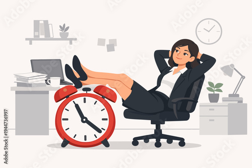 Procrastinating Businesswoman Relaxing in Office with Feet on Large Alarm Clock, Ignoring Time and Deadlines, Vector Illustration of Lazy Female Professional Taking a Break from Work
