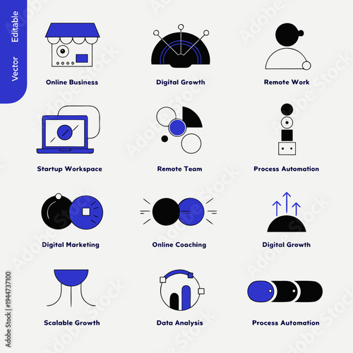 Business and technology icons for online growth and remote work digital marketing and process automation