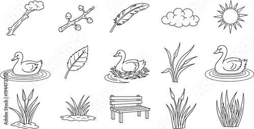 Collection of simple line art icons representing nature elements and park scenery