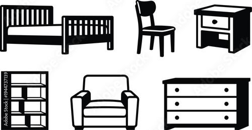 Flat design black furniture icon set bed chair armchair dresser night stand bookshelf low angle isolated vector art silhouette minimal