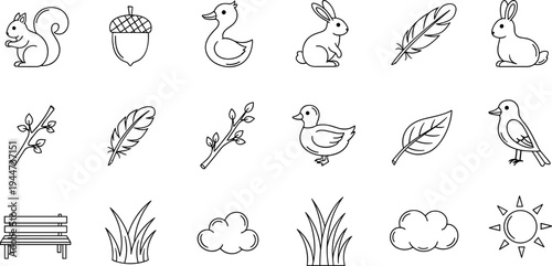 Collection of simple line art icons representing nature and wildlife elements
