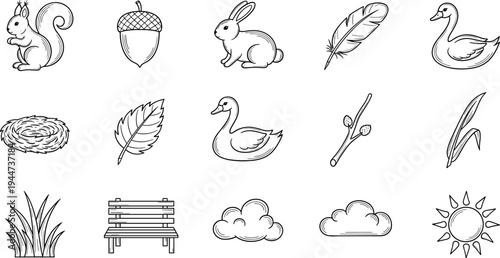 Collection of hand-drawn nature icons including animals, plants, and weather elements