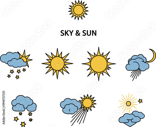 Collection of weather icons depicting sun, clouds, rain, and stars