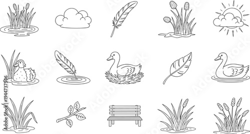 Collection of simple line art icons depicting nature elements like ducks, reeds, feathers, and clouds