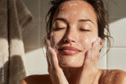 Smiling woman washing her face with foamy cleanser in a bright bathroom, skincare routine