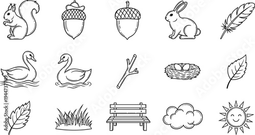 Collection of hand-drawn nature icons including animals, plants, and weather elements