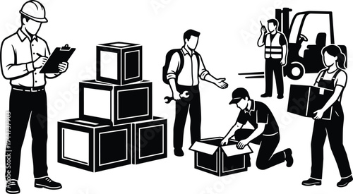 Flat design warehouse team unloading boxes with inspector checking clipboard forklift in background kneeling worker packing box