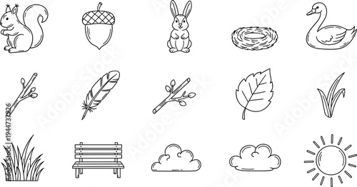 Collection of hand-drawn nature icons including animals, plants, and weather elements