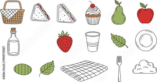 Hand-drawn picnic elements including basket, sandwiches, fruits, and checkered cloth