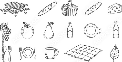 Doodle picnic elements including table, basket, food, drinks, and tableware