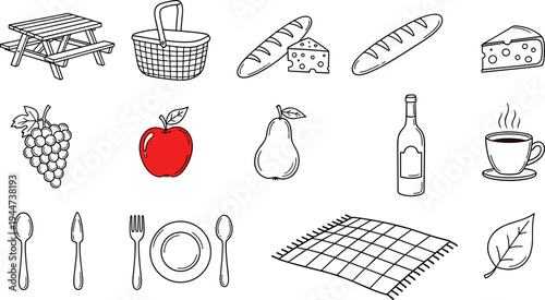 Collection of picnic essentials and food items in a simple line art style