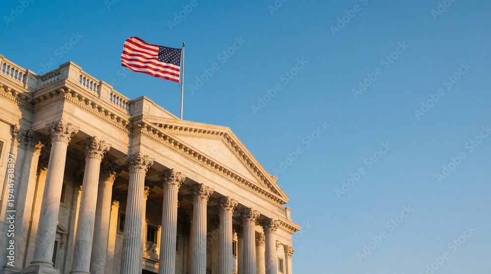 Obraz premium us capitol building facade with classical columns and waving american flag against clear blue sky. government and politics concept. washington landmark. banner, website header, copyspace.