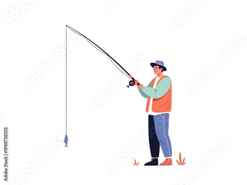 Man Fishing with Rod and Reel on White Background.
