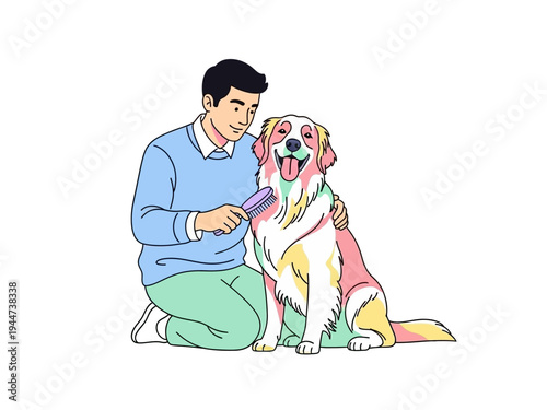 Man grooming his happy golden retriever dog with a brush.