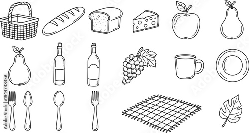 Collection of hand-drawn picnic items including food, drinks, and tableware