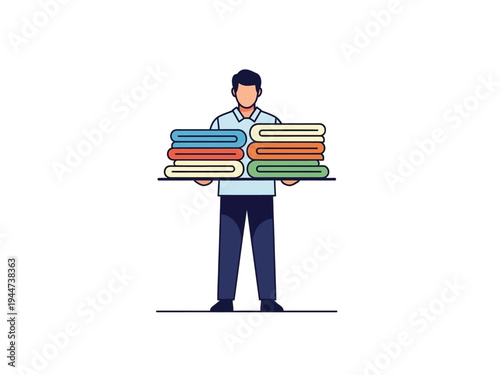 Man Holding Stack of Colorful Folded Towels on Tray.