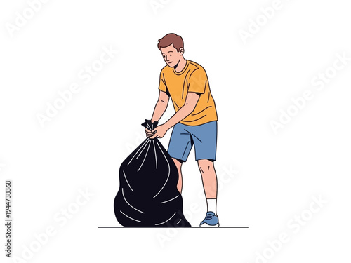 Man holding a large black garbage bag full of trash.