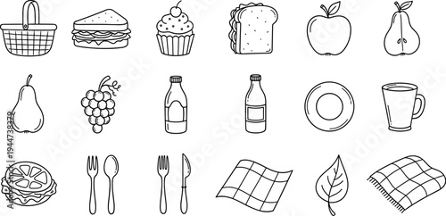 Collection of hand-drawn picnic food and accessories in a simple outline style