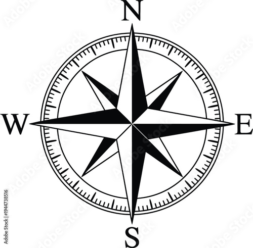 Compass rose nautical illustration vector, vintage black and white navigation compass symbol for maritime and adventure design.