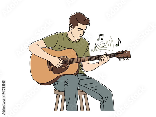 Man playing acoustic guitar with musical notes.