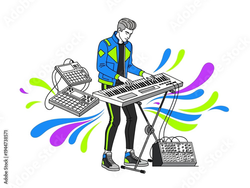 Man playing electronic keyboard with synthesizers and music equipment.