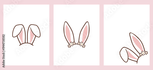 Cute bunny ears illustration set with floral decoration for wall art, signs, tags, and price label designs.